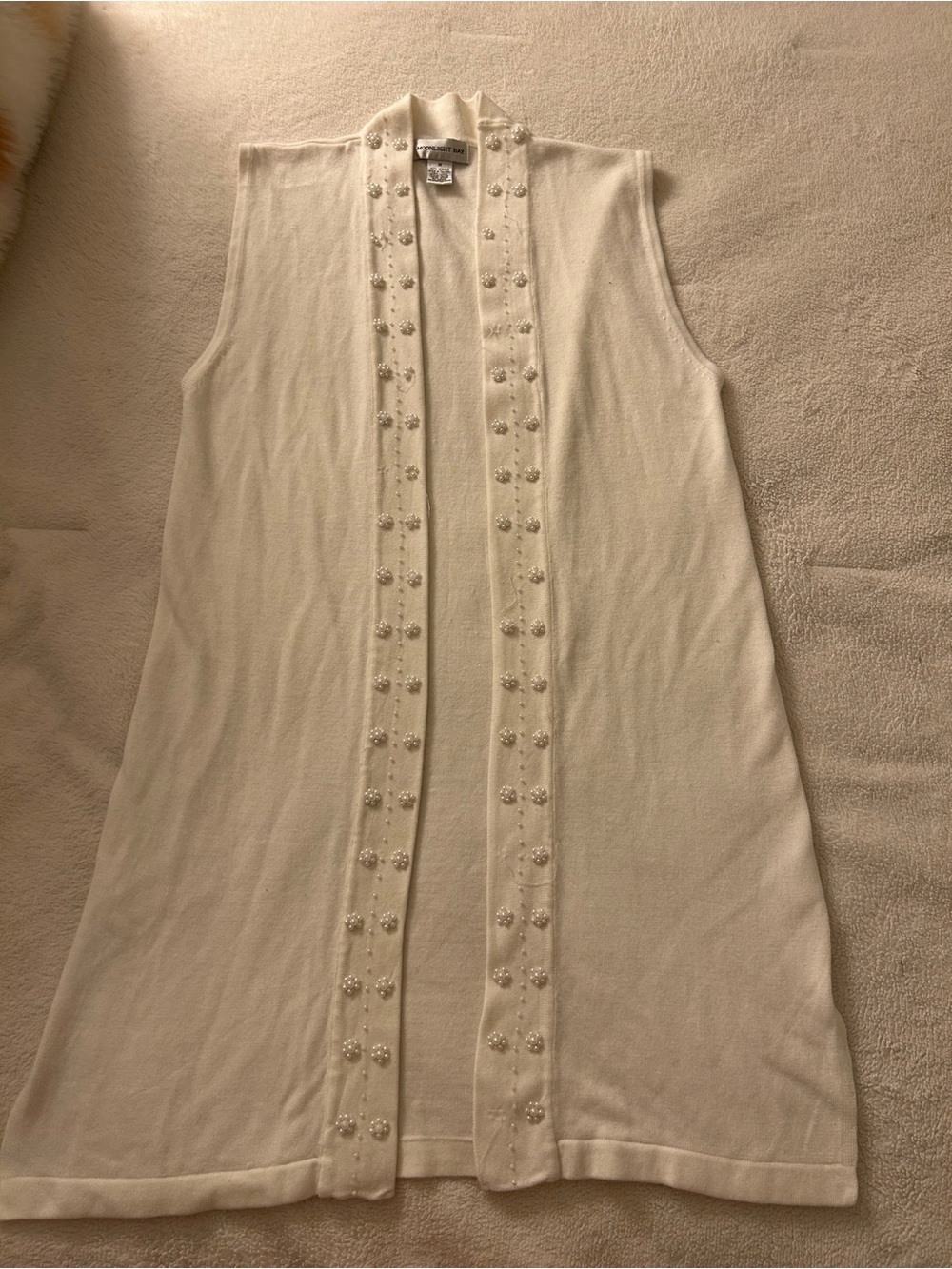 Sleeveless Pearl-Embellished Knit Cardigan Vest - Ivory
